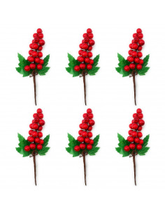 Tradineur - Pack de 6 ramos de acebo con bayas rojas, espuma de poliestireno, decoración festiva, adornos Navidad, árbol, jarron