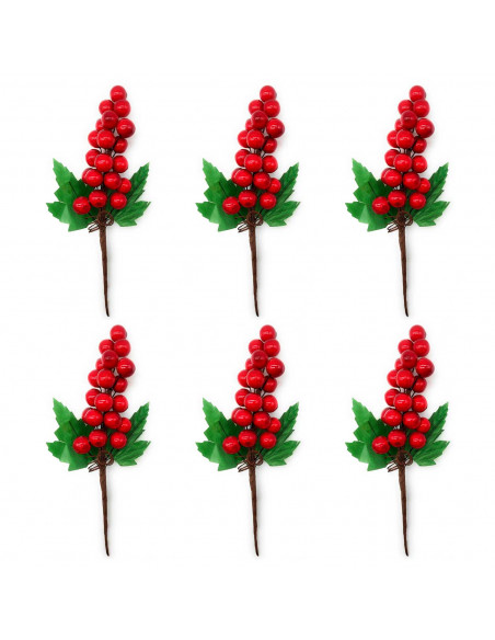 Tradineur - Pack de 6 ramos de acebo con bayas rojas, espuma de poliestireno, decoración festiva, adornos Navidad, árbol, jarron