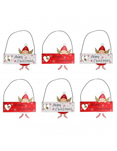 Tradineur - Pack de 6 carteles colgantes con figura de ángel y cascabel, madera contrachapada, decoración festiva, adornos, árbo