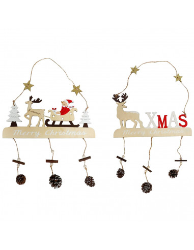 Tradineur - Pack de 2 adornos colgantes con figuras navideñas y piñas, madera, decoración festiva, Navidad, pared, chimenea - 30