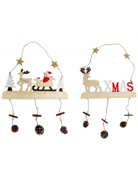 Tradineur - Pack de 2 adornos colgantes con figuras navideñas y piñas, madera, decoración festiva, Navidad, pared, chimenea - 30