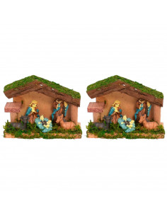 Tradineur - Pack de 2 portales de belén con 5 figuras - Fabricados en Hierbas y papel - Decoración para temporada - 9 x 12 x 5 c