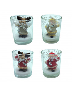 Tradineur - Pack de 4 vasos de velas con figuras navideñas - Fabricados en cristal y vela - Decoración para temporada navideña -