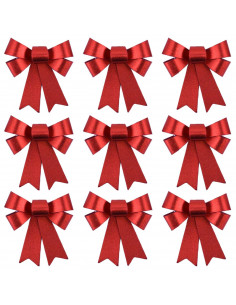 Tradineur - Pack de 9 lazos decorativos, poliéster y plástico, adornos Navidad, árbol, envolver regalos, manualidades (Rojo bril