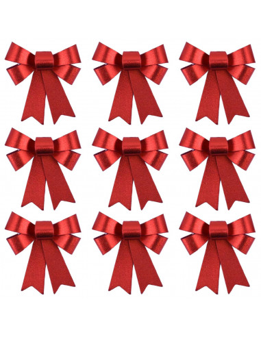 Tradineur - Pack de 9 lazos decorativos, poliéster y plástico, adornos Navidad, árbol, envolver regalos, manualidades (Rojo bril