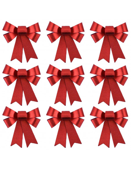 Tradineur - Pack de 9 lazos decorativos, poliéster y plástico, adornos Navidad, árbol, envolver regalos, manualidades (Rojo bril