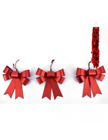 Tradineur - Pack de 9 lazos decorativos, poliéster y plástico, adornos Navidad, árbol, envolver regalos, manualidades (Rojo bril
