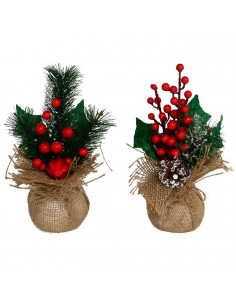 Tradineur - Pack de 2 ramilletes de acebo en maceta de yute, plástico, decoración festiva, adornos Navidad, sobremesa, estanterí