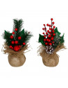Tradineur - Pack de 2 ramilletes de acebo en maceta de yute, plástico, decoración festiva, adornos Navidad, sobremesa, estanterí