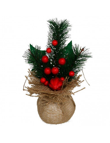 Tradineur - Pack de 2 ramilletes de acebo en maceta de yute, plástico, decoración festiva, adornos Navidad, sobremesa, estanterí