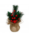 Tradineur - Pack de 2 ramilletes de acebo en maceta de yute, plástico, decoración festiva, adornos Navidad, sobremesa, estanterí