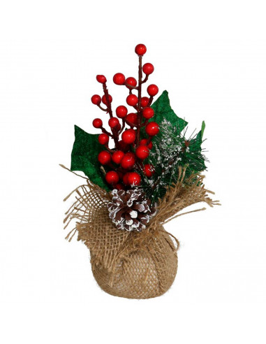Tradineur - Pack de 2 ramilletes de acebo en maceta de yute, plástico, decoración festiva, adornos Navidad, sobremesa, estanterí