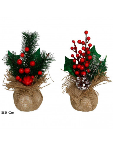 Tradineur - Pack de 2 ramilletes de acebo en maceta de yute, plástico, decoración festiva, adornos Navidad, sobremesa, estanterí
