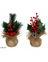 Tradineur - Pack de 2 ramilletes de acebo en maceta de yute, plástico, decoración festiva, adornos Navidad, sobremesa, estanterí