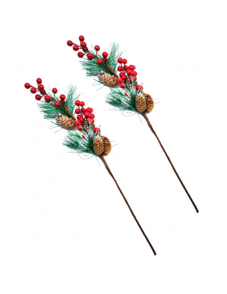 Tradineur - Pack de 2 varas nevadas de pino, bayas rojas y piñas - Fabricado en espuma y plástico - Decoración para navidad - 55