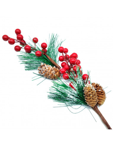 Tradineur - Pack de 2 varas nevadas de pino, bayas rojas y piñas - Fabricado en espuma y plástico - Decoración para navidad - 55