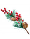 Tradineur - Pack de 2 varas nevadas de pino, bayas rojas y piñas - Fabricado en espuma y plástico - Decoración para navidad - 55