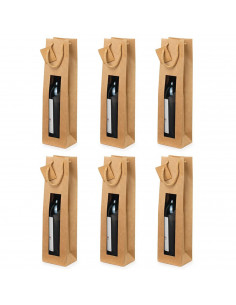 Tradineur - Pack de 6 bolsas de papel con ventana para botella de vino, asas de cuerda, guardar, regalar, envolver champán, Navi