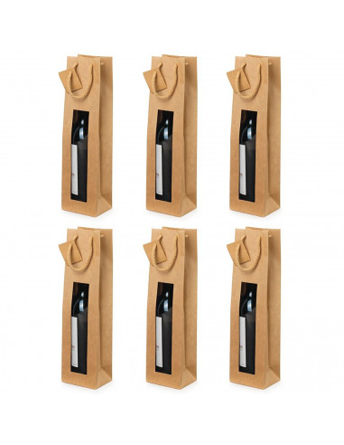 Tradineur - Pack de 6 bolsas de papel con ventana para botella de vino, asas de cuerda, guardar, regalar, envolver champán, Navi