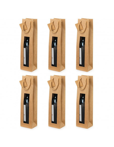 Tradineur - Pack de 6 bolsas de papel con ventana para botella de vino, asas de cuerda, guardar, regalar, envolver champán, Navi