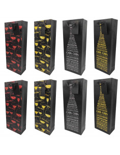 Tradineur - Pack de 8 bolsas de papel decoradas para botella de vino, asas de cuerda, guardar, regalar, envolver champán, Navida