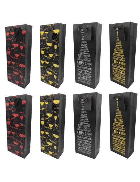 Tradineur - Pack de 8 bolsas de papel decoradas para botella de vino, asas de cuerda, guardar, regalar, envolver champán, Navida