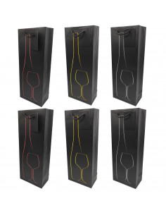 Tradineur - Pack de 6 bolsas de papel decoradas para botella de vino, asas de cuerda, guardar, regalar, envolver champán, Navida