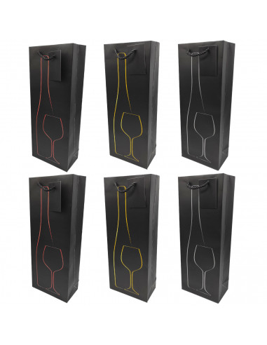 Tradineur - Pack de 6 bolsas de papel decoradas para botella de vino, asas de cuerda, guardar, regalar, envolver champán, Navida