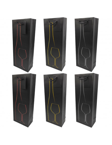 Tradineur - Pack de 6 bolsas de papel decoradas para botella de vino, asas de cuerda, guardar, regalar, envolver champán, Navida