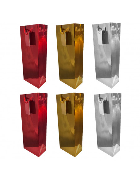 Tradineur - Pack de 6 bolsas de papel metalizadas para botella de vino, asas de cuerda, guardar, regalar, envolver champán, Navi