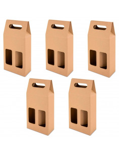 Tradineur - Pack de 5 cajas de cartón con ventanas, aptas para 2 botellas de vino, incluyen asa, guardar, regalar, envolver cham
