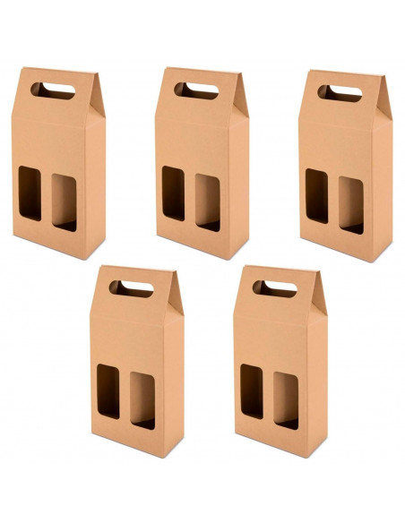 Tradineur - Pack de 5 cajas de cartón con ventanas, aptas para 2 botellas de vino, incluyen asa, guardar, regalar, envolver cham