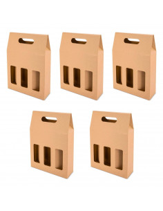 Tradineur - Pack de 5 cajas de cartón con ventanas, aptas para 3 botellas de vino, incluyen asa, guardar, regalar, envolver cham