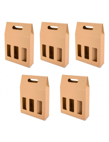 Tradineur - Pack de 5 cajas de cartón con ventanas, aptas para 3 botellas de vino, incluyen asa, guardar, regalar, envolver cham