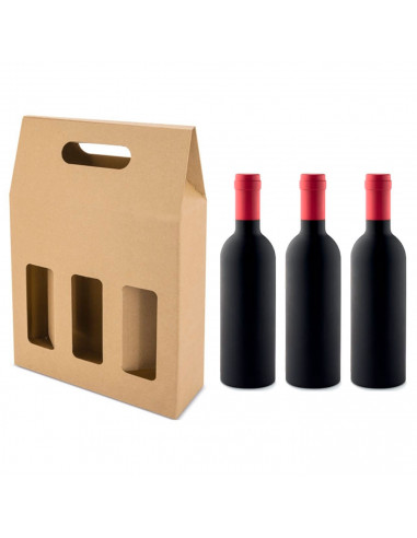 Tradineur - Pack de 5 cajas de cartón con ventanas, aptas para 3 botellas de vino, incluyen asa, guardar, regalar, envolver cham