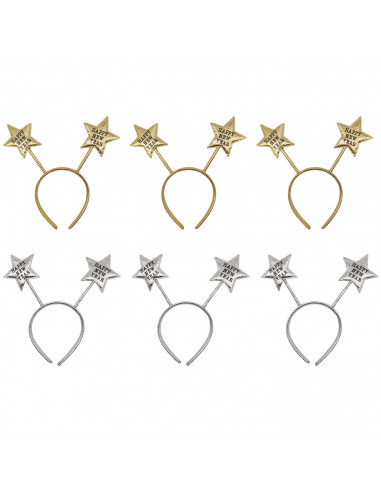 Tradineur - Pack de 6 diademas con estrellas y frase Happy New Year, accesorios, fiestas, año nuevo, disfraces, carnaval, Hallow