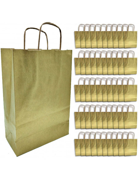 Tradineur - Pack de 50 bolsa Kraft "M" - Ideal para guardar tus regalos de navidad, fin de años o año nuevo - 27 x 37 cm - Color
