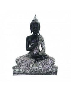Figura de buda realizada en resina, de color negro con acabados en plateado, de 19 x 8 x 25 cm, Pequeña estatua de buda para dec