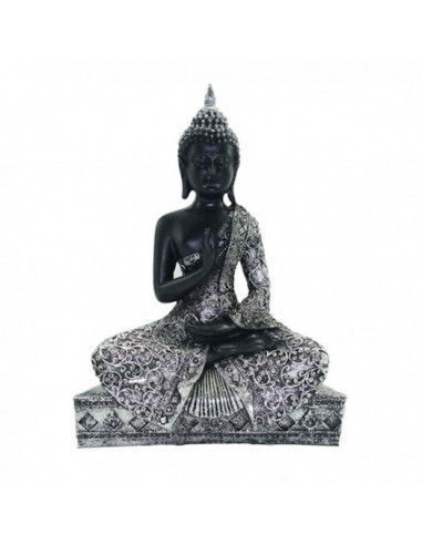 Figura de buda realizada en resina, de color negro con acabados en plateado, de 19 x 8 x 25 cm, Pequeña estatua de buda para dec