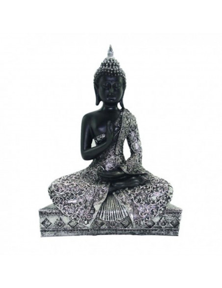 Figura de buda realizada en resina, de color negro con acabados en plateado, de 19 x 8 x 25 cm, Pequeña estatua de buda para dec