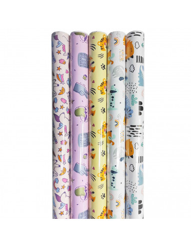 Tradineur - Pack de 5 rollos de papel de regalo Infantil, láminas para envolver regalos de cumpleaños, Navidad, 70 x 200 cm, dis