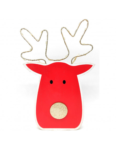 Tradineur - Figura de reno navideño con luces LED, madera y metal, funcionamiento con pilas, decoración festiva, adornos Navidad