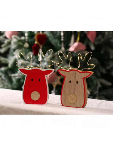 Tradineur - Figura de reno navideño con luces LED, madera y metal, funcionamiento con pilas, decoración festiva, adornos Navidad