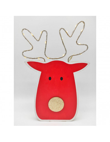 Tradineur - Figura de reno navideño con luces LED, madera y metal, funcionamiento con pilas, decoración festiva, adornos Navidad