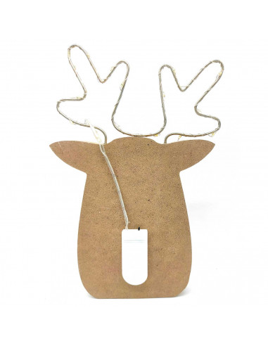 Tradineur - Figura de reno navideño con luces LED, madera y metal, funcionamiento con pilas, decoración festiva, adornos Navidad
