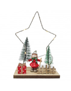 Tradineur - Figura navideña con luces LED, estrella o pino luminoso, madera, resina y metal, funcionamiento con pilas, decoració