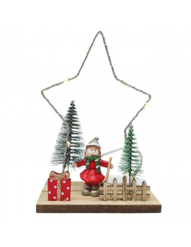 Tradineur - Figura navideña con luces LED, estrella o pino luminoso, madera, resina y metal, funcionamiento con pilas, decoració