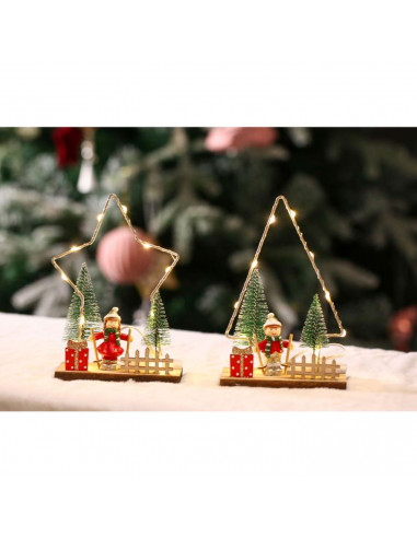 Tradineur - Figura navideña con luces LED, estrella o pino luminoso, madera, resina y metal, funcionamiento con pilas, decoració