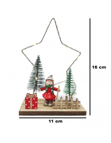 Tradineur - Figura navideña con luces LED, estrella o pino luminoso, madera, resina y metal, funcionamiento con pilas, decoració