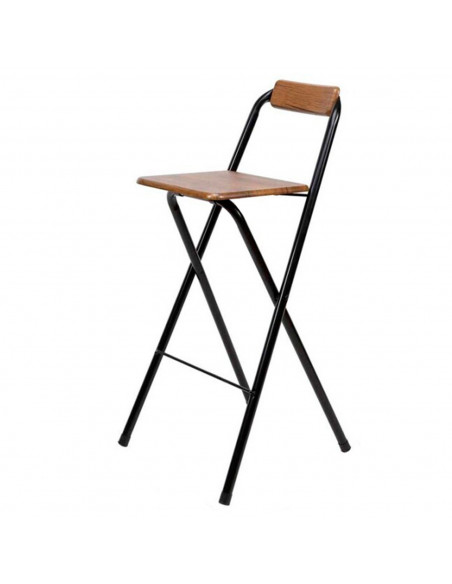 Tradineur - Taburete bar metálico plegable con asiento y respaldo de madera, reposapiés, banqueta, silla, interior, cocina, hoga